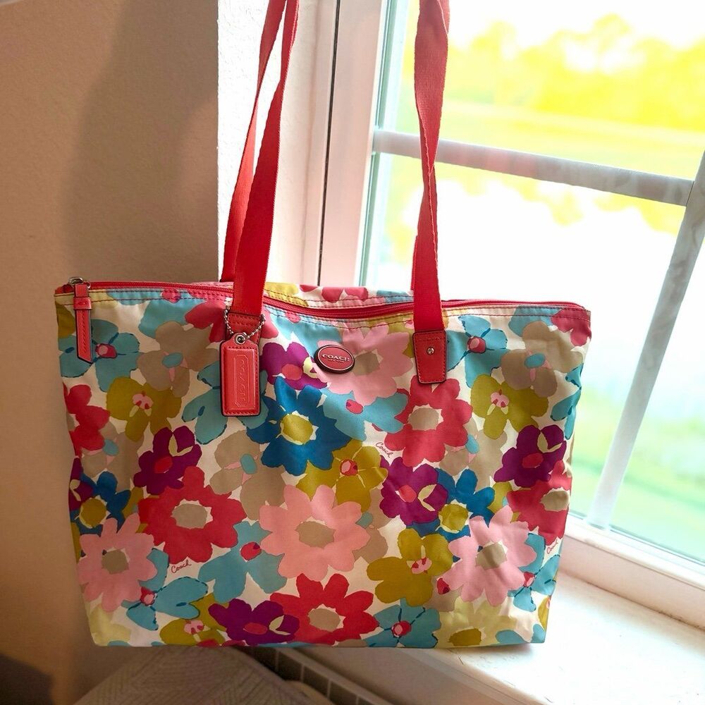 Coach Bright Multicolor Floral Daisy Weekend Nylon Tote Bag with Patent Leather